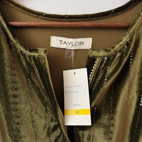 Taylor The Somerset Maxi Dress Velvet Edition Tiered Green Olives size M NWT - Picture 7 of 12